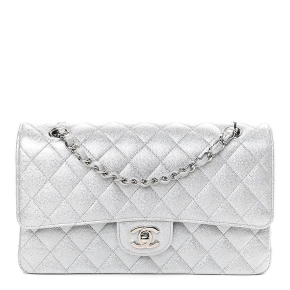 ❌❌ CHANEL 21K Glittered Silver Metallic Caviar Quilted Medium Double Flap CC bag - Picture 10 of 14
